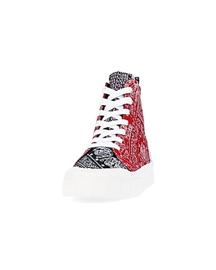 360 degree animation of product Red scarf print high top trainers frame-22