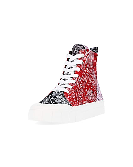 360 degree animation of product Red scarf print high top trainers frame-23