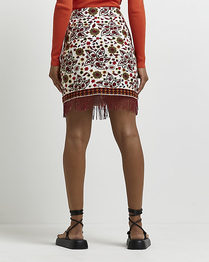 Red sequin embroidered mini skirt
