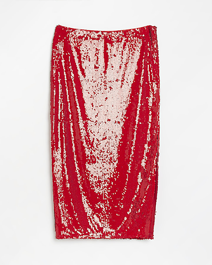 Red sequin pencil midi skirt