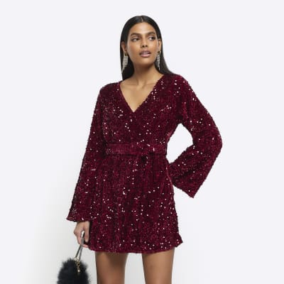 Red sequin tie waist shift mini dress | River Island