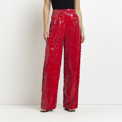 Red Sequin Wide Leg Trousers River Island