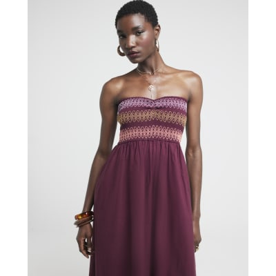 Asfashion Shirred Bandeau Maxi Dress - Viscose, Red, Size 12-14 UK, Side Split, Casual Summer Dress - View #12