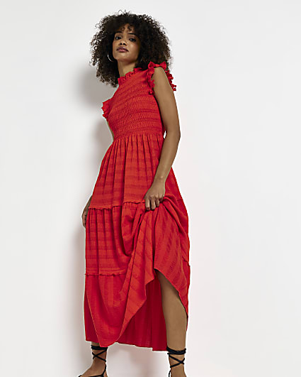 Red shirred midi dress