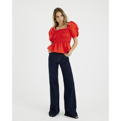 Red Short Puff Sleeve Shirred Top River Island