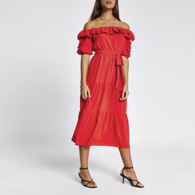 red frill bardot dress