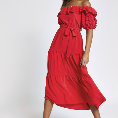 red bardot frill dress