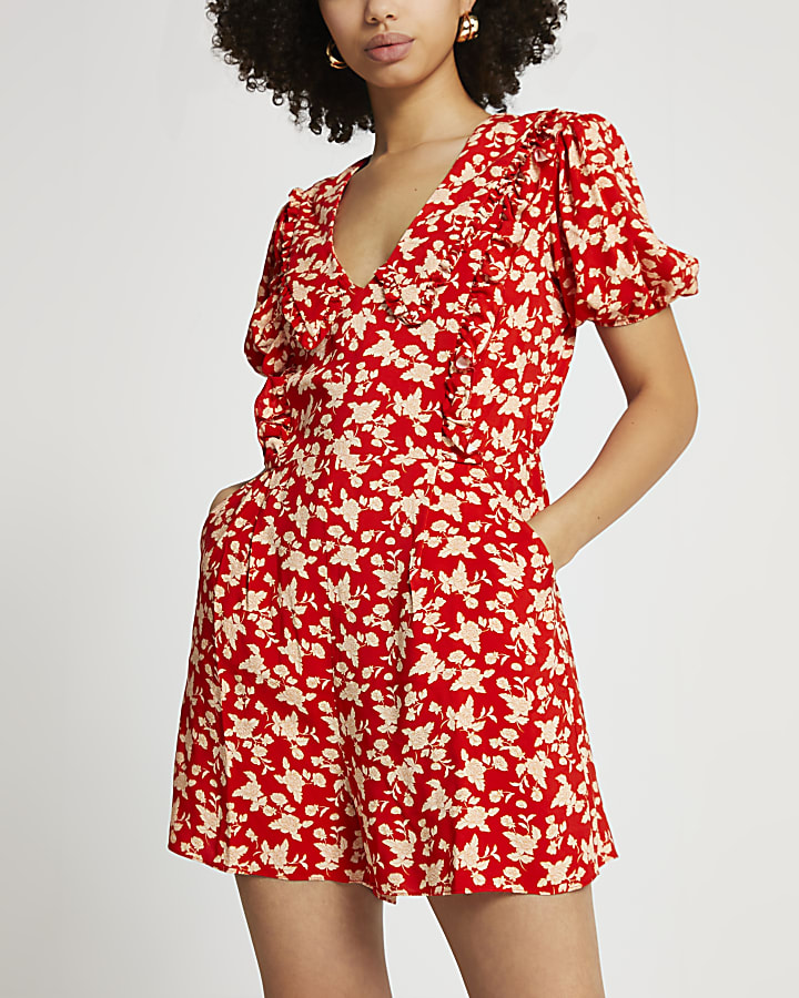 Red short sleeve frill collar floral playsuit