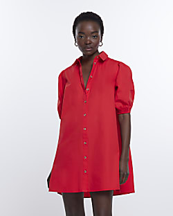 Red short sleeve mini shirt dress