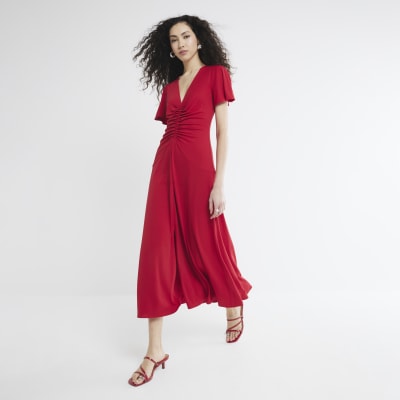 Red Short Sleeve Ruched Midi Dress