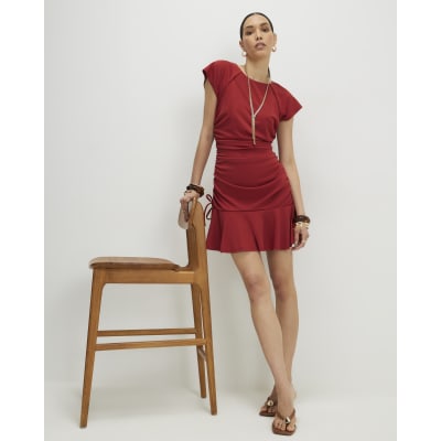 Red Short Sleeve Ruched Mini Dress