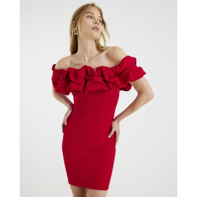 Red Short Sleeve Ruffle Mini Bardot Dress