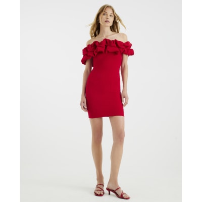 Red Short Sleeve Ruffle Mini Bardot Dress | River Island