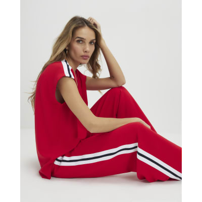 Red Short Sleeve Tape Detail V Neck Top