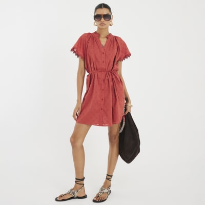 Red Short Sleeve V-Neck Mini Dress