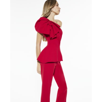 Red Sleeveless Asymmetric Ruffle Jumpsuit