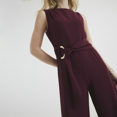 Red Sleeveless Belted Jumpsuit