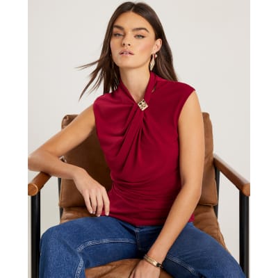Red Sleeveless Ruched Gold Detail Top