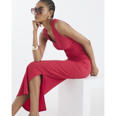 Red Sleeveless Ruched Textured Midi Dress