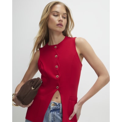 Red Sleeveless Scallop Trim Waistcoat