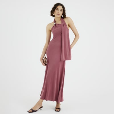 Red Sleeveless Scarf Neck Maxi Dress