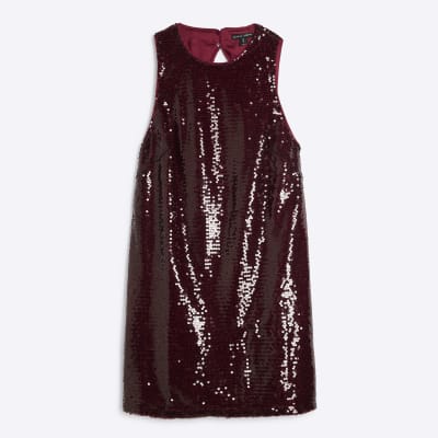 river island red sequin dress Red Sleeveless Sequin Mini Shift Dress