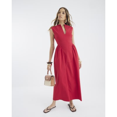 Red Sleeveless V Neck Midi Dress