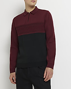 Red slim fit colour block knitted polo shirt