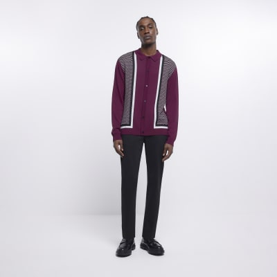 Red slim fit geometric knitted polo shirt River Island