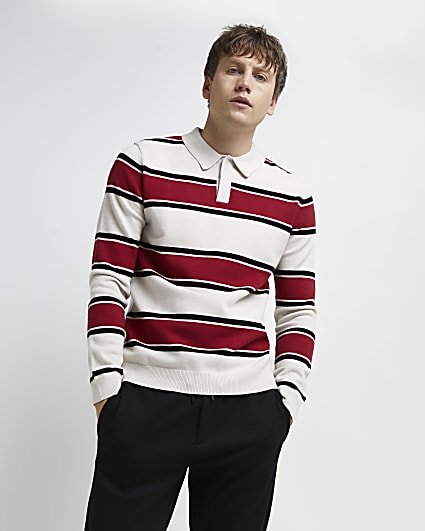 Red slim fit stripe knitted polo shirt