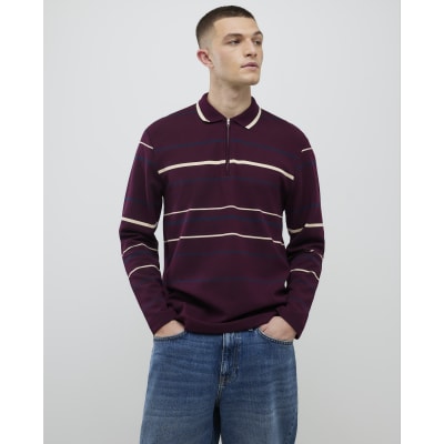 Red Slim Fit Stripe Long Sleeve Polo Shirt