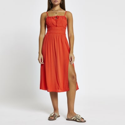 Red spilt front midi beach dress  River Island