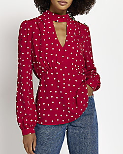 Red spot cut out blouse