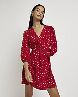Red spot long sleeve mini dress