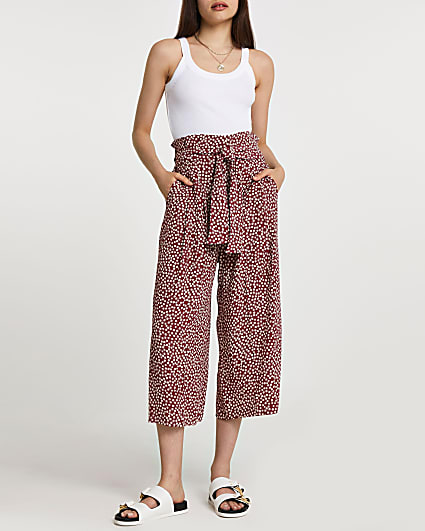 Red spot print belted culottes