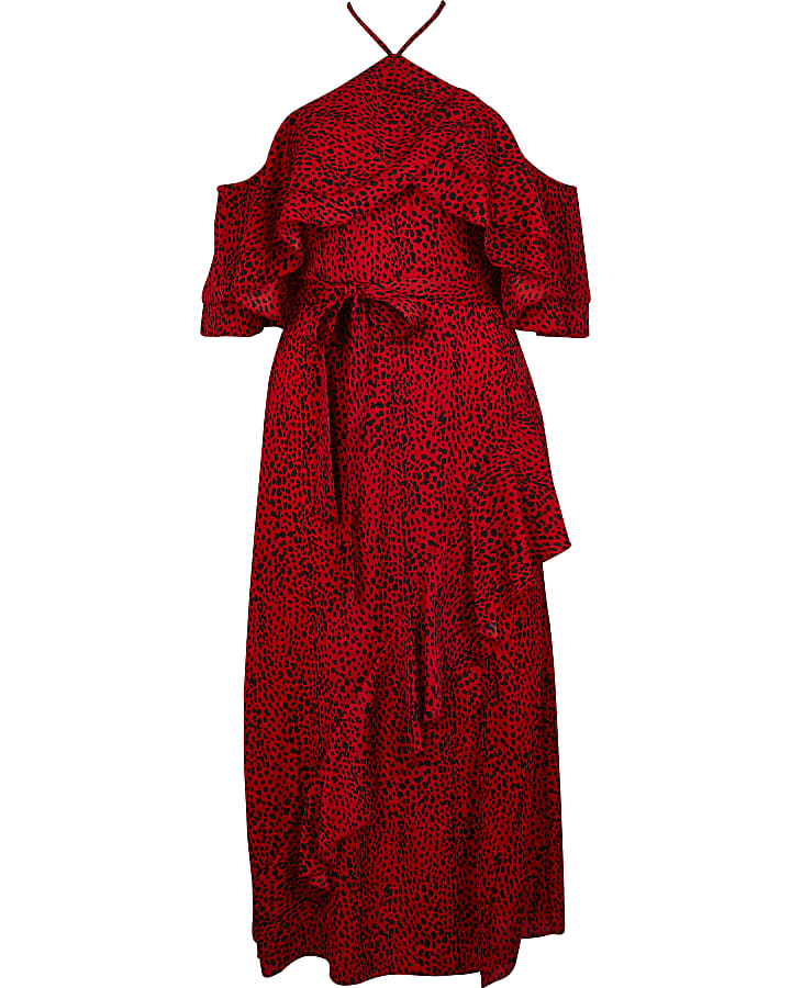 River Island Red Spot Ruffled Cold Shoulder Midi Dress Womens Clothing Dresses Cocktail and party dresses 