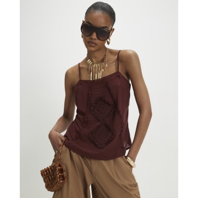 Red Square Neck Lace Trim Cami Top | River Island