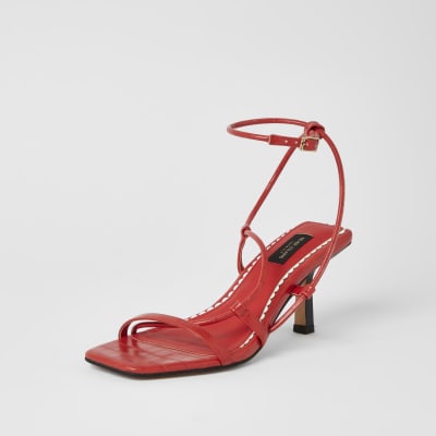 Red square toe wide fit midi heel sandals