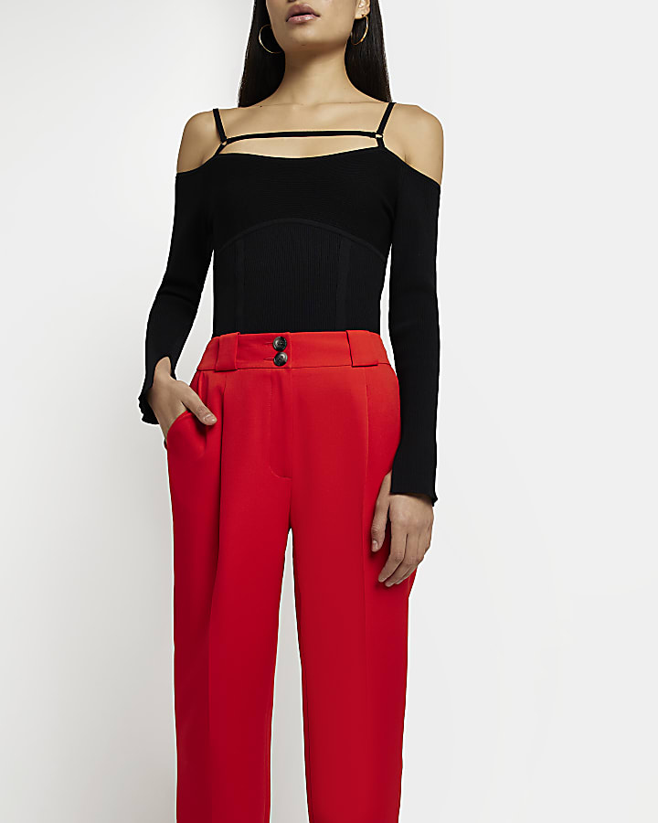 Red straight leg trousers