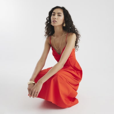 Red Strappy Pintuck Waist Midi Dress