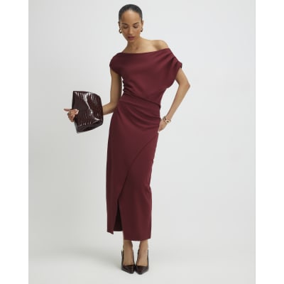 Red Stretch Draped Midi Dress