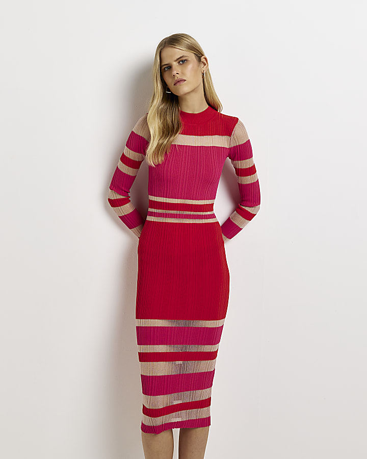 Red stripe knit bodycon midi dress