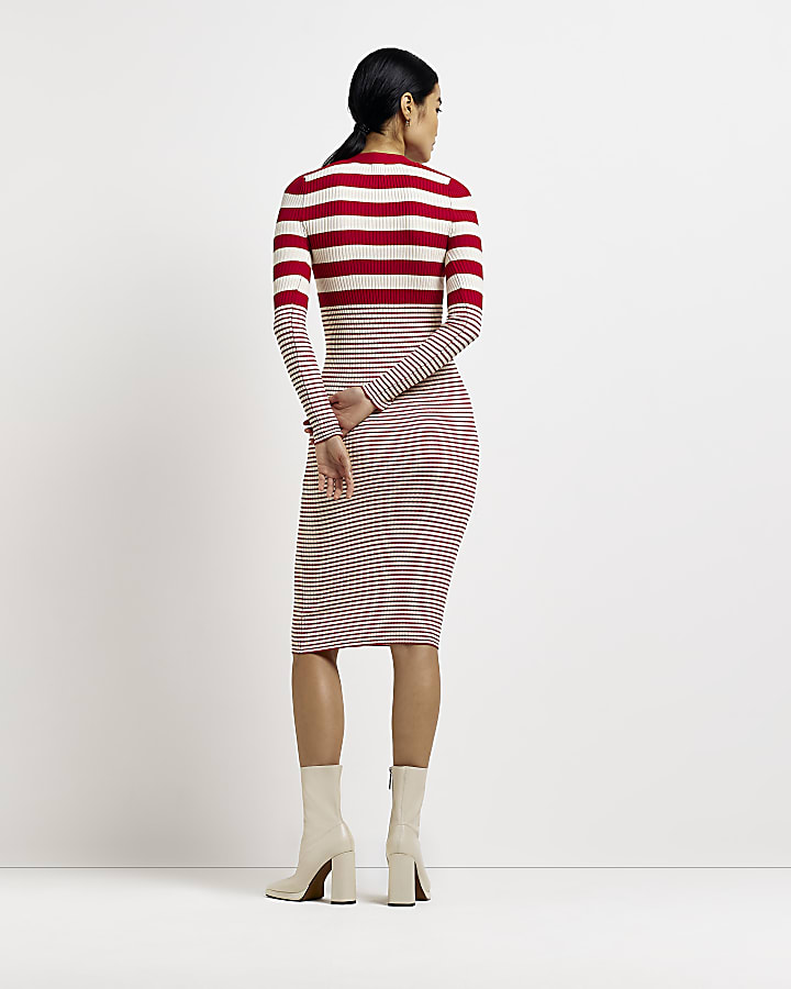 Red stripe knit long sleeve midi dress