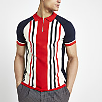 Red stripe muscle fit half zip polo shirt