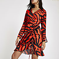 Red stripe ruched side tea dress