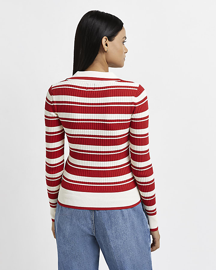 Red striped zip up cardigan