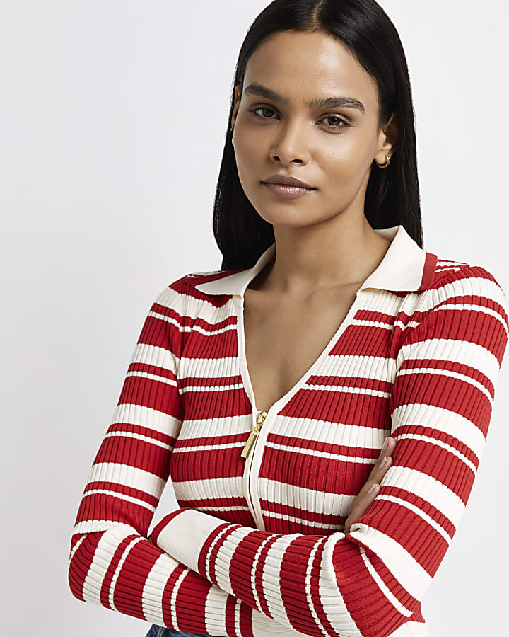 Red striped zip up cardigan