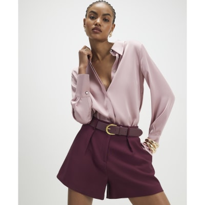 Red Structured Belted Shorts