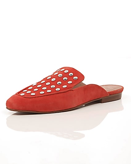 360 degree animation of product Red suede studded backless loafers frame-0