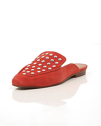 360 degree animation of product Red suede studded backless loafers frame-1